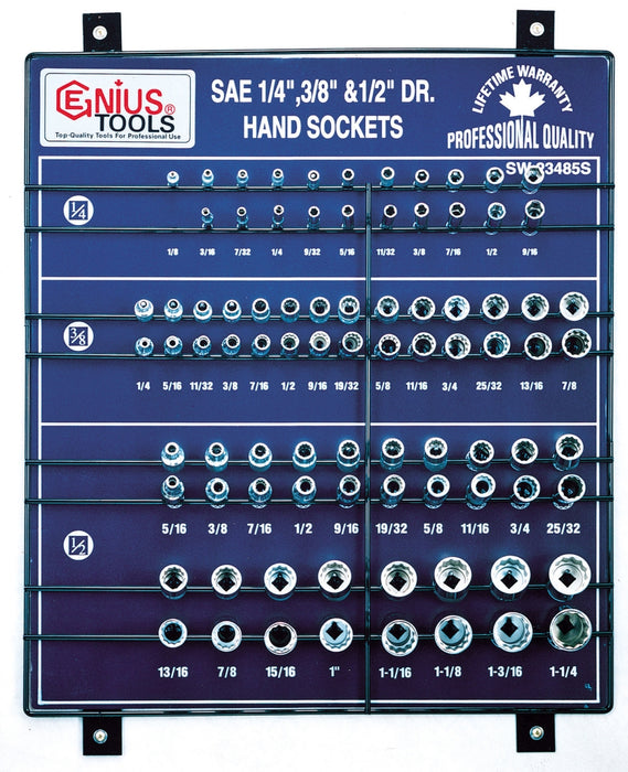 Genius Tools 85pc 1/4", 3/8" & 1/2" Dr. SAE Hand Socket Display Board