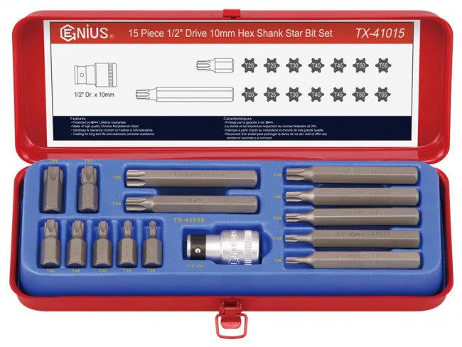 Genius Tools 15pc 1/2" Dr. 10mm Hex Shank Star Bit Set