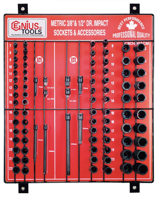 Genius Tools 90pc 3/8" & 1/2" Dr. Metric Socket & Accessory Display Board