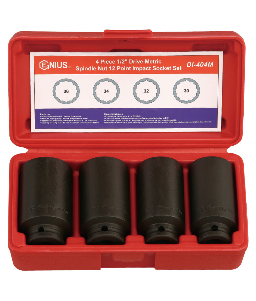 Genius Tools 4PC Metric Spindle Nut Impact Socket set (12-Point) (CR-Mo) -  1/2" Dr.