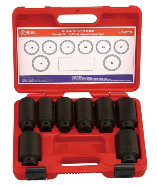 Genius Tools 8PC Metric Spindle Nut Impact Socket set (12-Point) (CR-Mo) - 1/2" Dr.