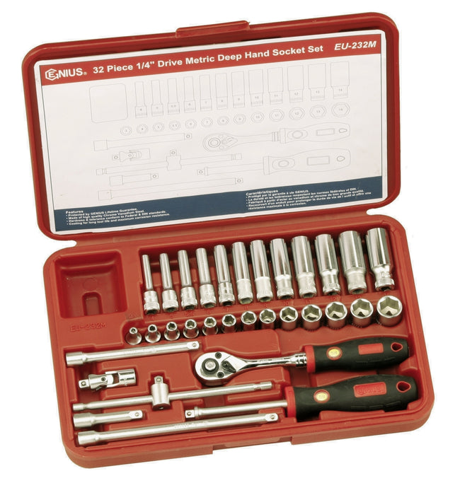 Genius Tools 32pc 1/4" Dr. Metric Deep Hand Socket Set