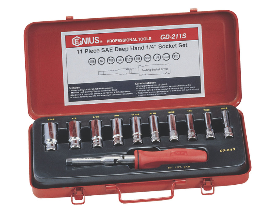 Genius Tools 11pc 1/4" Dr. SAE Deep Hand Socket Set