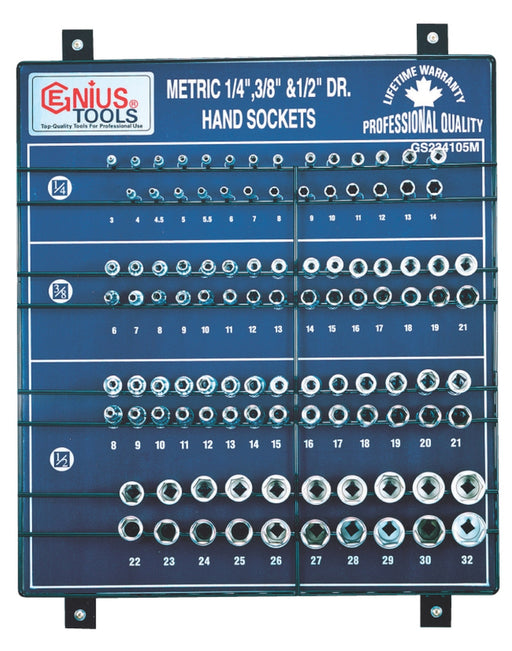 Genius Tools 105pc 1/4", 3/8" & 1/2" Dr. Metric Hand Socket Display Board