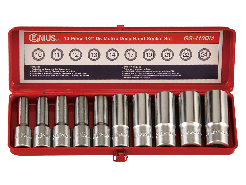 Genius Tools 10pc 1/2" Dr. Metric Deep Hand Socket Set
