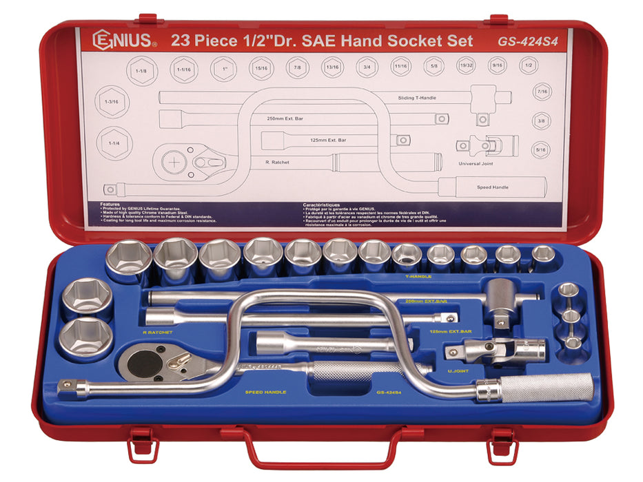Genius Tools 23pc 1/2" Dr. SAE Hand Socket Set