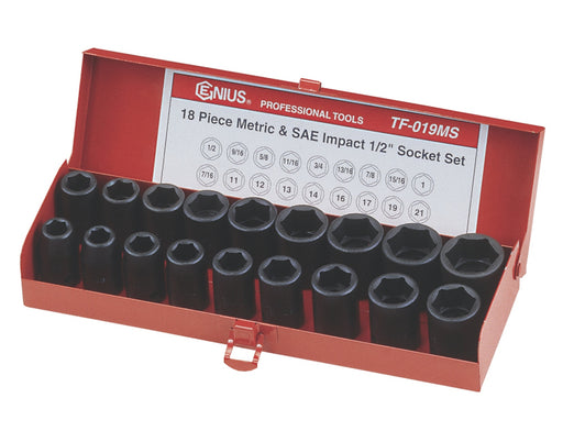 Genius Tools 18PC  Metric & SAE Impact Socket Set - 1/2" Drive