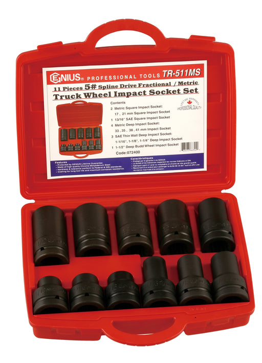 Genius Tools 11PC Metric & SAE Truck Wheel Impact Socket Set (CR-Mo) -  #5 Spline Dr.